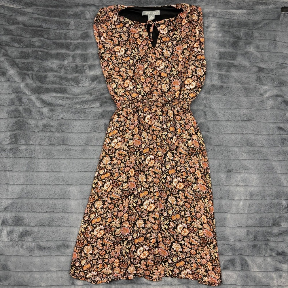 Lark + Grey Floral Sleeveless Midi Dress Orange Black Elastic Waist Medium 8072